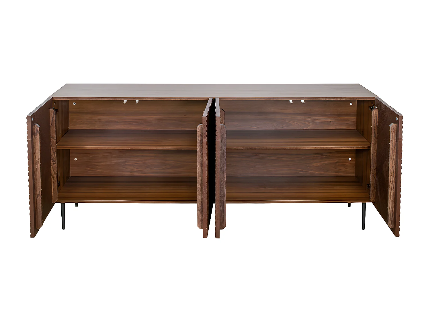 Design-Sideboard aus dunkler, massiver Eiche mit Gravur und schwarzem Metall, 4 Türen, B180 cm ARCHIPEL