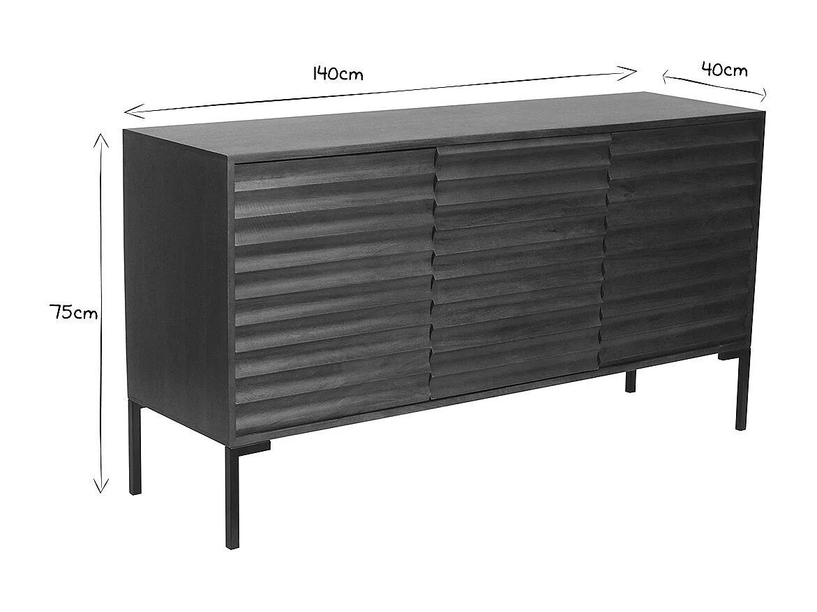 Buffet en bois foncé manguier massif et métal noir 3 portes L140 cm ONDA