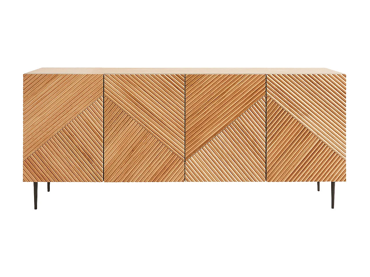 Design-Sideboard aus hellem, massiver Eiche mit Gravur und schwarzem Metall, 4 Türen, B180 cm ARCHIPEL