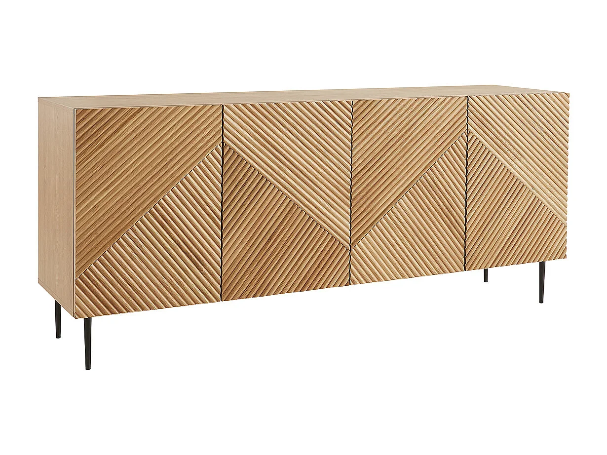 Design-Sideboard aus hellem, massiver Eiche mit Gravur und schwarzem Metall, 4 Türen, B180 cm ARCHIPEL