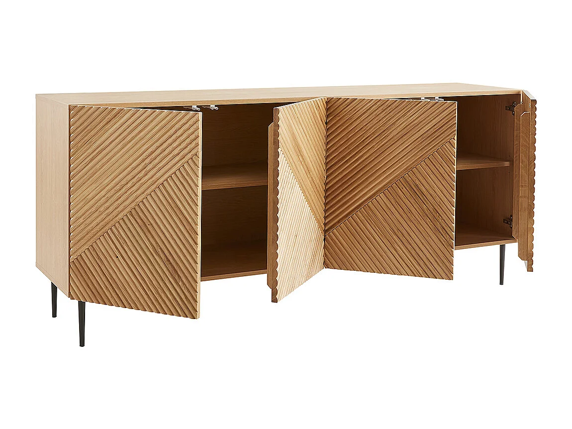 Design-Sideboard aus hellem, massiver Eiche mit Gravur und schwarzem Metall, 4 Türen, B180 cm ARCHIPEL