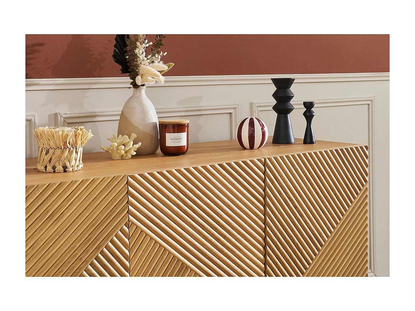 Aparador 3 puertas de madera clara de roble macizo y metal negro 135 cm ARCHIPEL