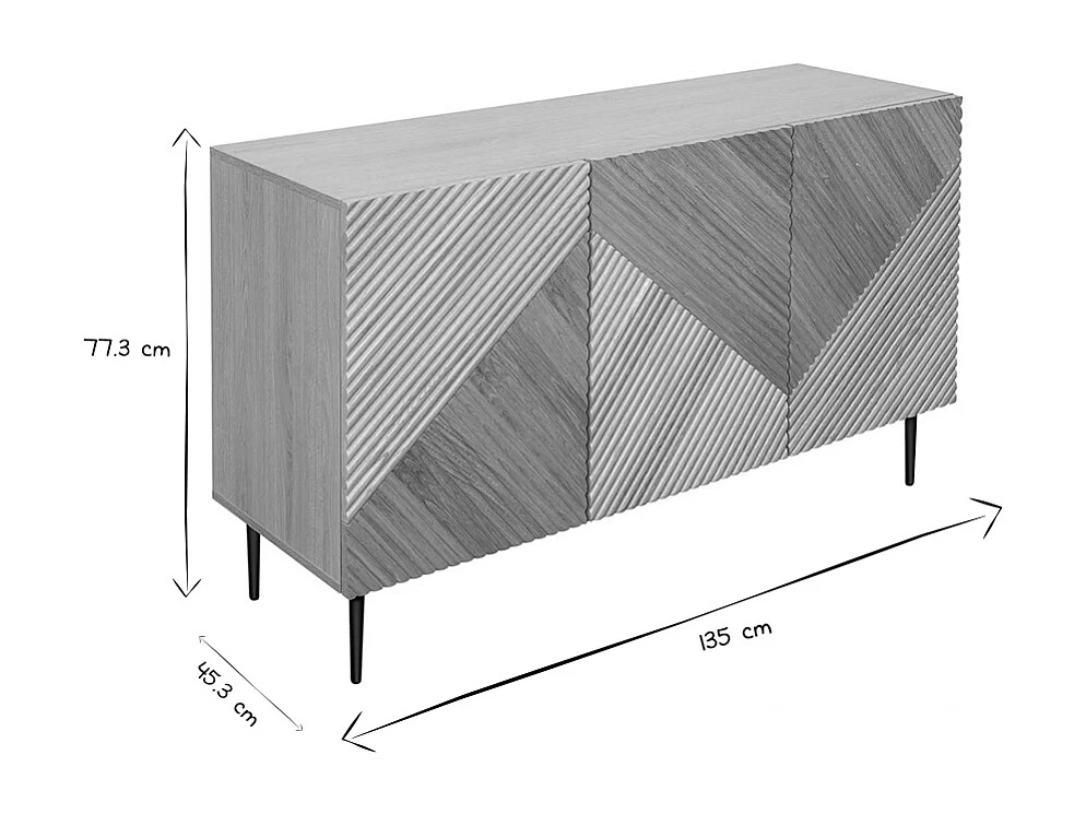 Aparador 3 puertas de madera clara de roble macizo y metal negro 135 cm ARCHIPEL