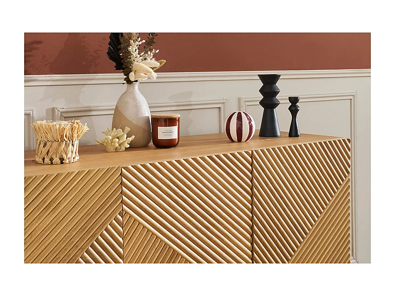 Buffet design en bois clair chêne massif gravé et métal noir 3 portes L135 cm ARCHIPEL