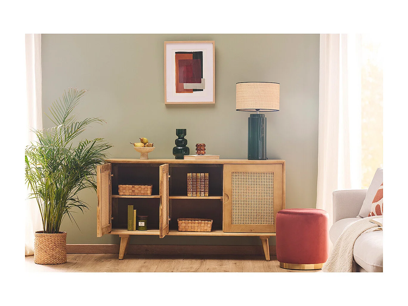 Buffet en bois manguier et cannage rotin 3 portes L145 cm LAKA