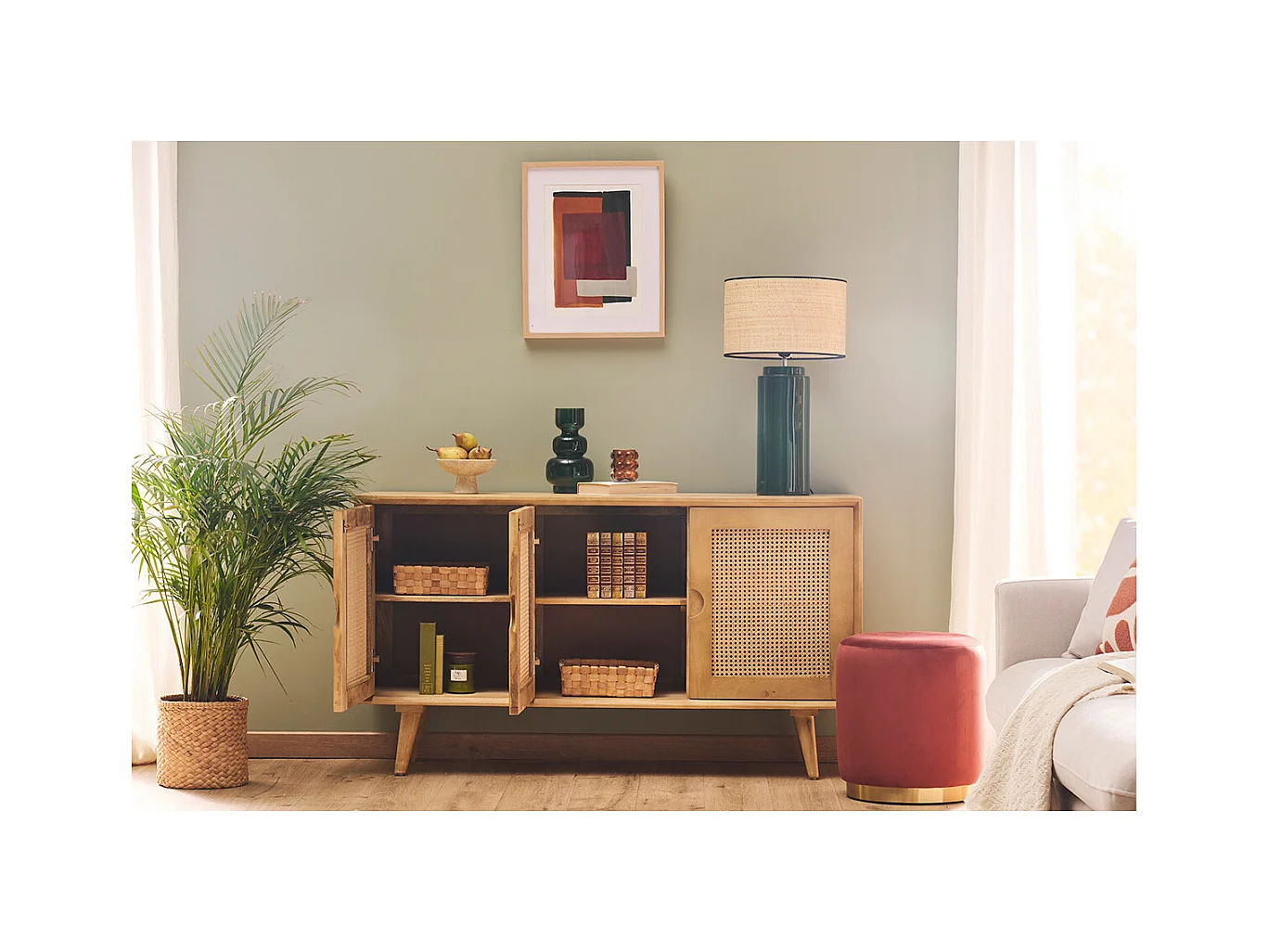 Buffet en bois manguier et cannage rotin 3 portes L145 cm LAKA