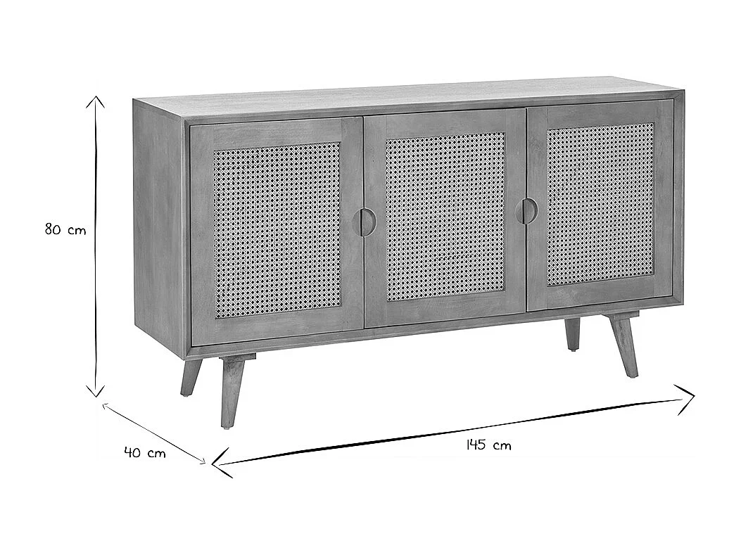 Buffet en bois manguier et cannage rotin 3 portes L145 cm LAKA