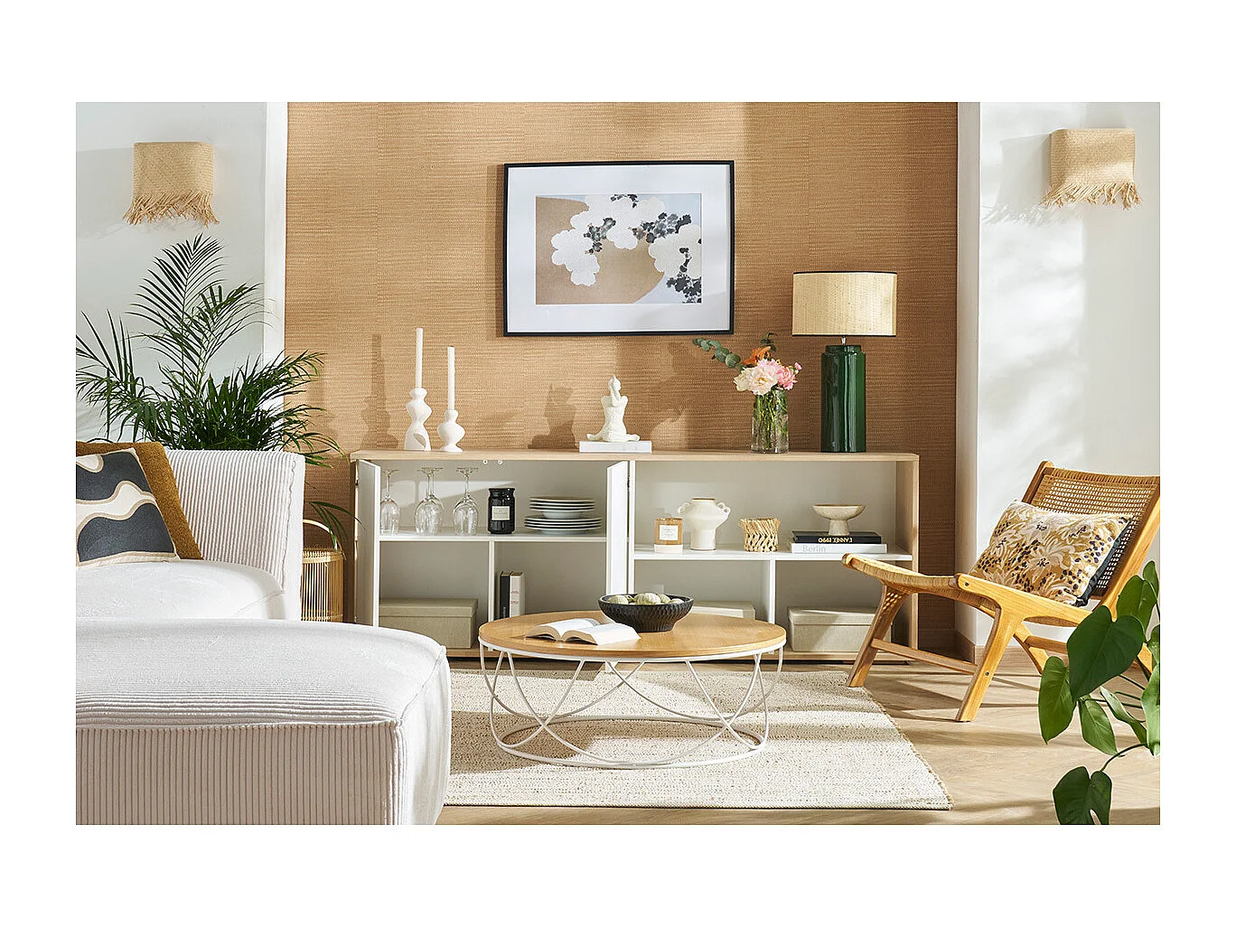 Skandinavisches niedriges Sideboard in Weiß und hellem Holz aus massiver Eiche B190 cm EZIA