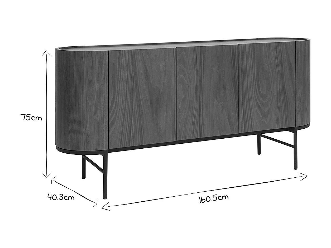 Buffet design bois foncé noyer et métal noir 3 portes L160 cm SKYE