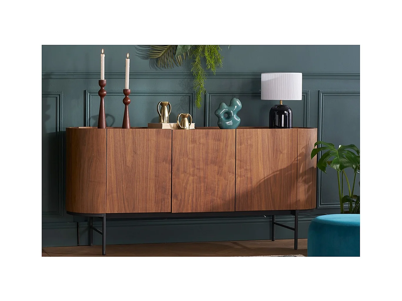 Buffet design bois foncé noyer et métal noir 3 portes L160 cm SKYE