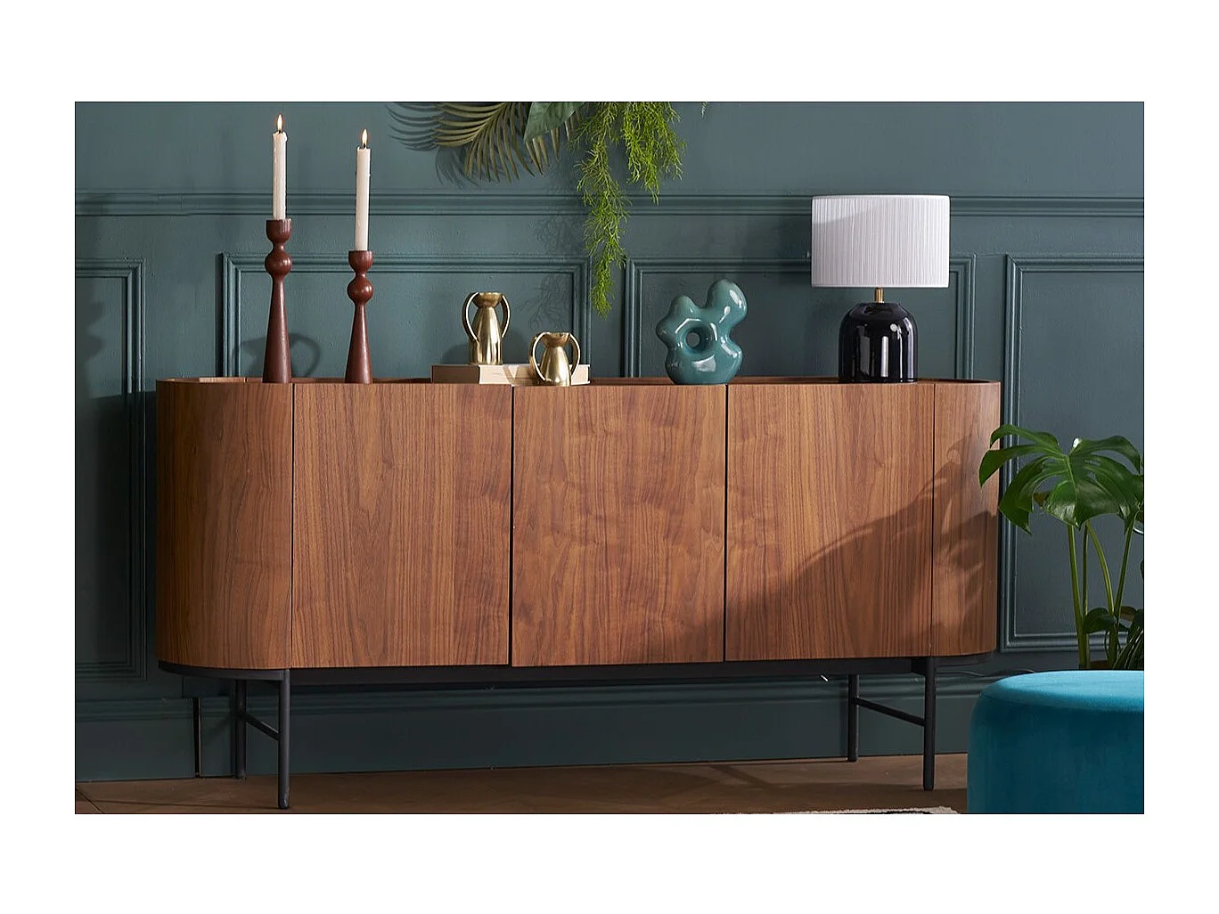 Buffet design bois foncé noyer et métal noir 3 portes L160 cm SKYE