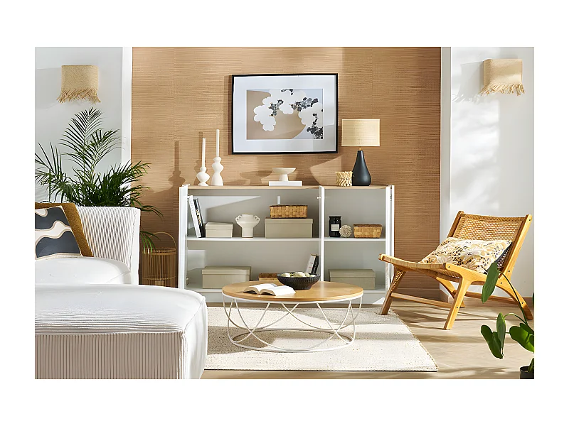 Aparador 3 puertas lacado blanco brillo y diseño madera clara 155 cm NELIO