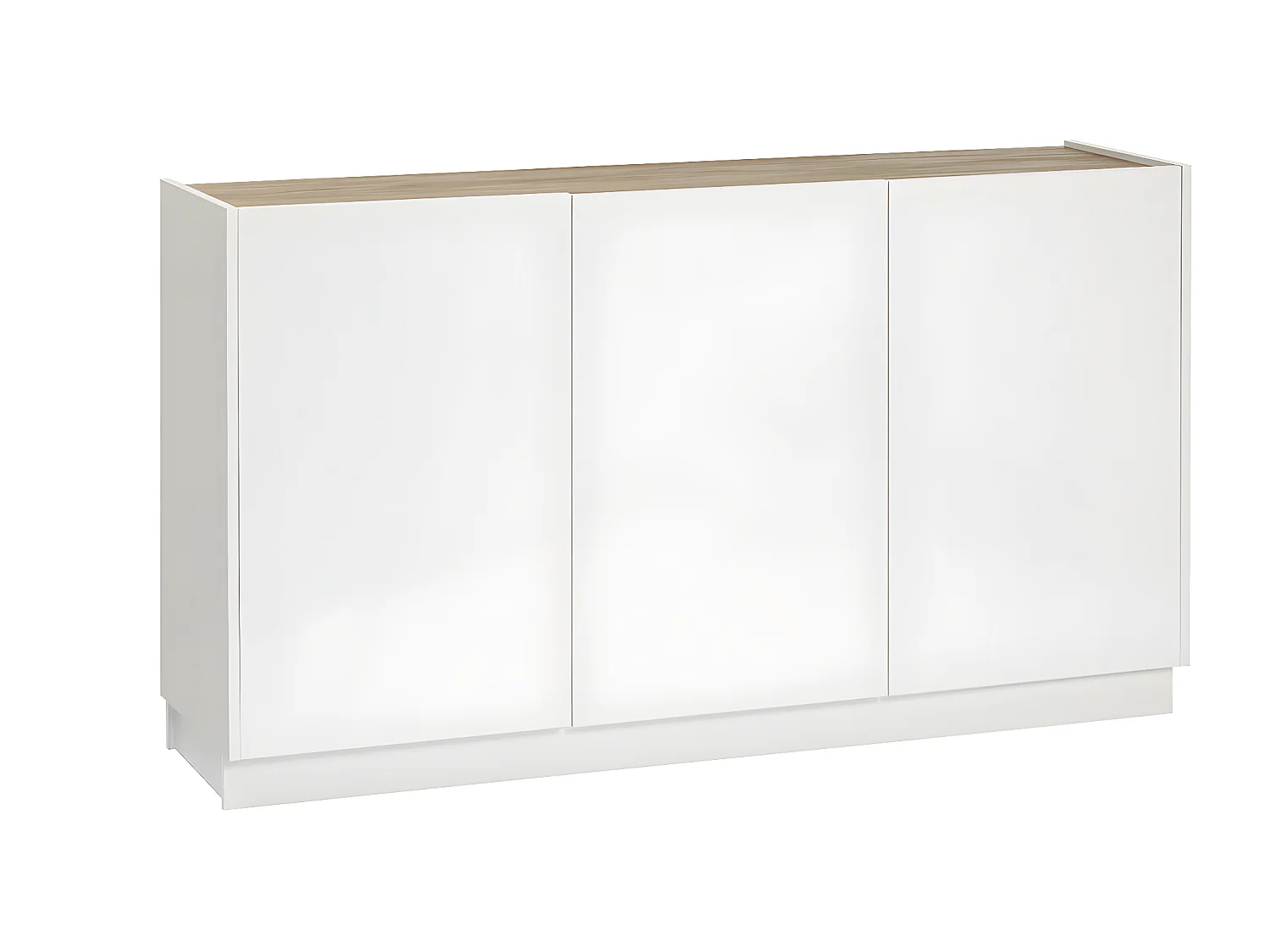 Buffet design blanc laqué brillant et bois clair 3 portes L155 cm NELIO