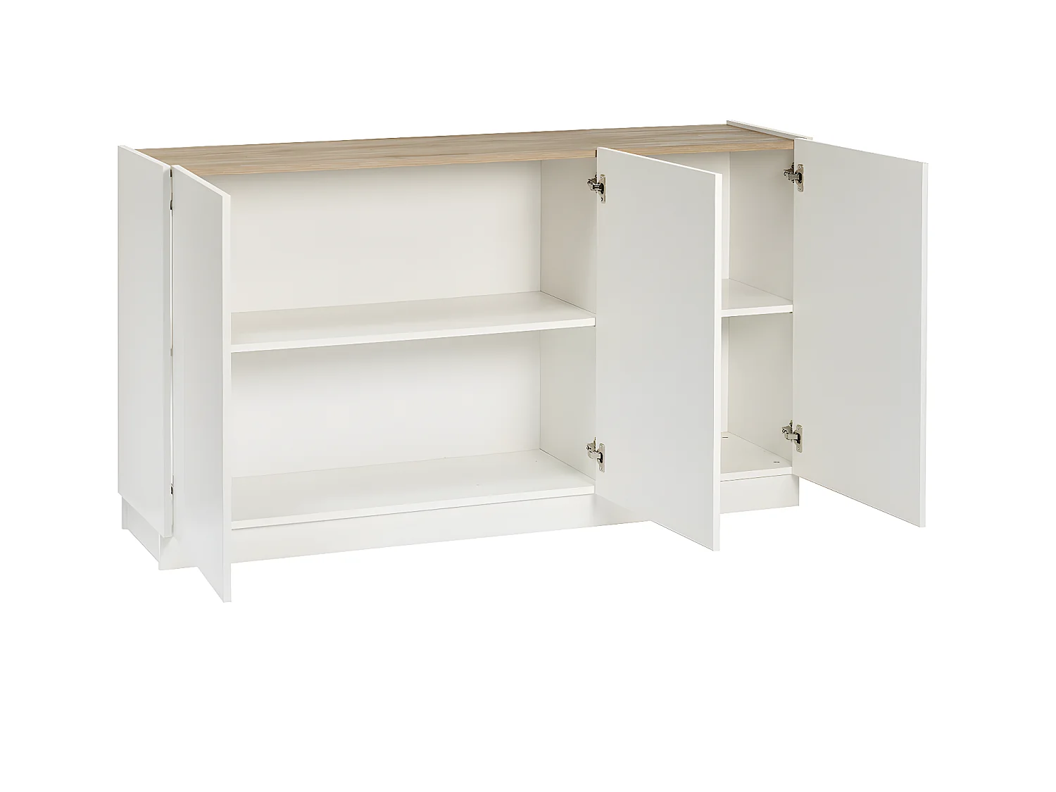 Buffet design blanc laqué brillant et bois clair 3 portes L155 cm NELIO