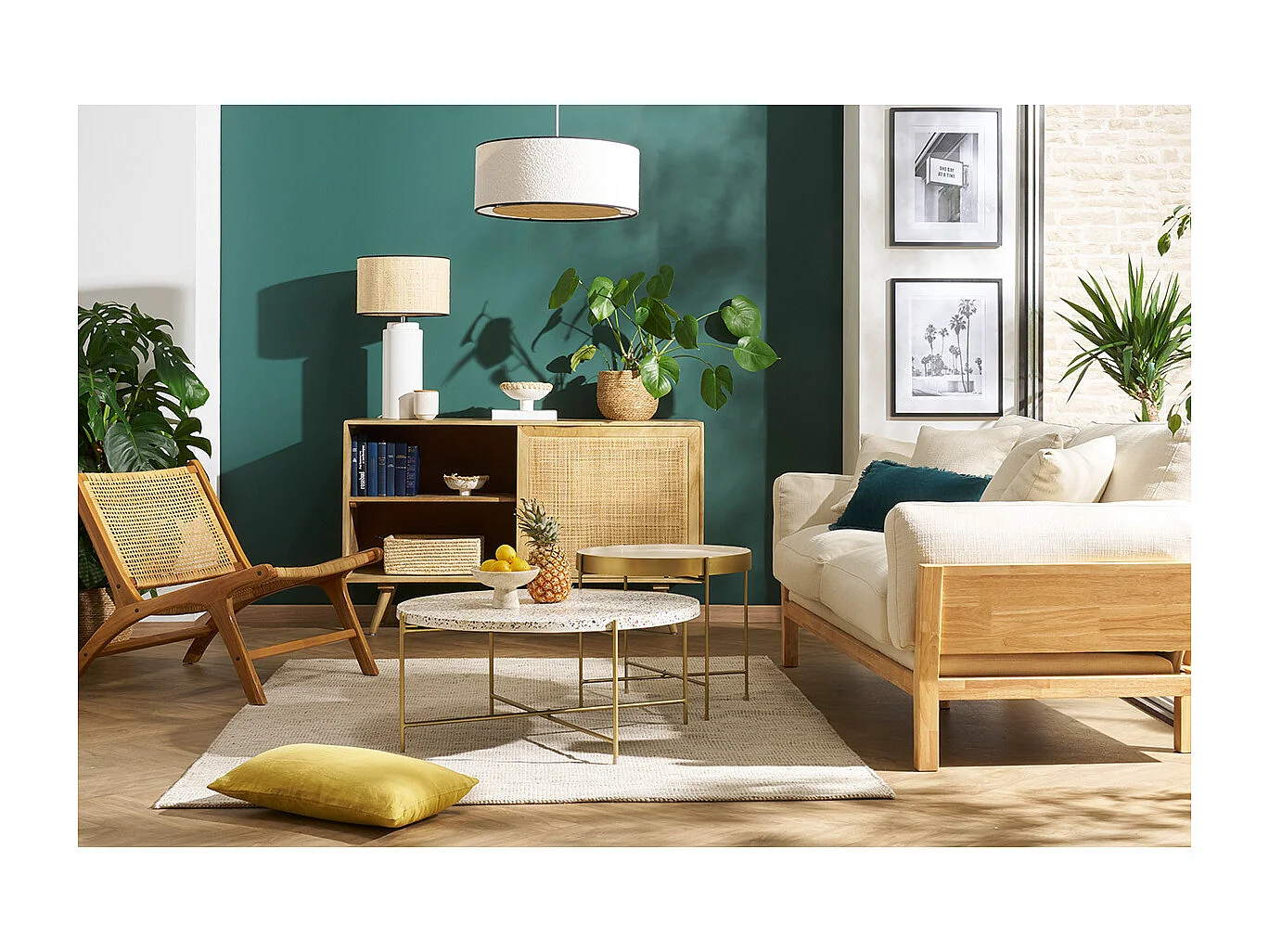 Aparador de madera maciza de mango y ratán con 2 puertas correderas 135 cm ACANGE