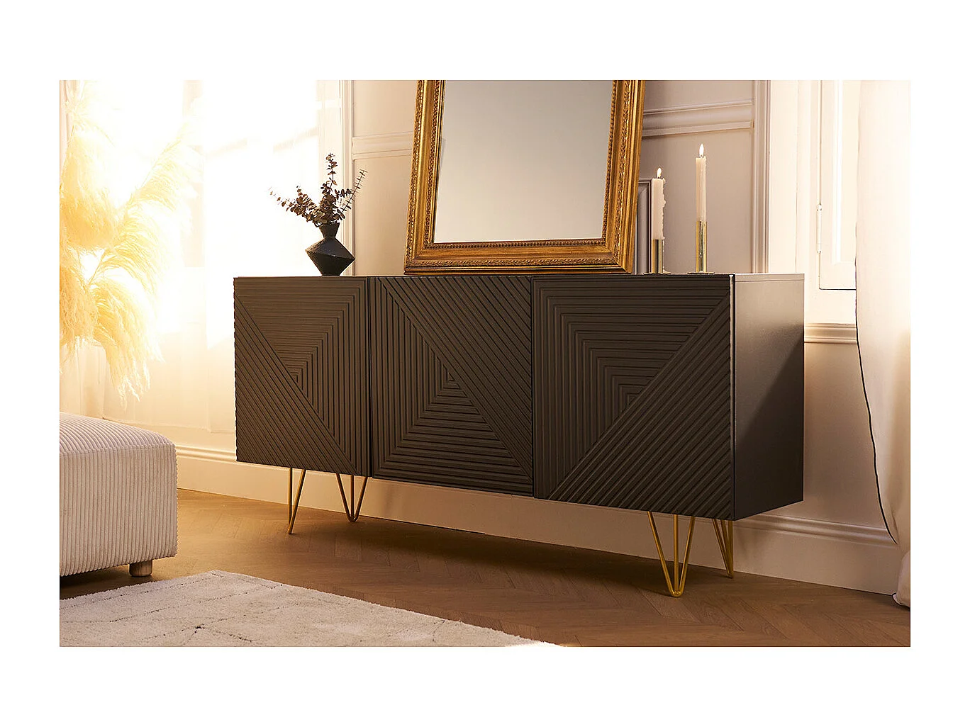 Aparador de diseño blanco y dorado 160 cm anchura OZEN