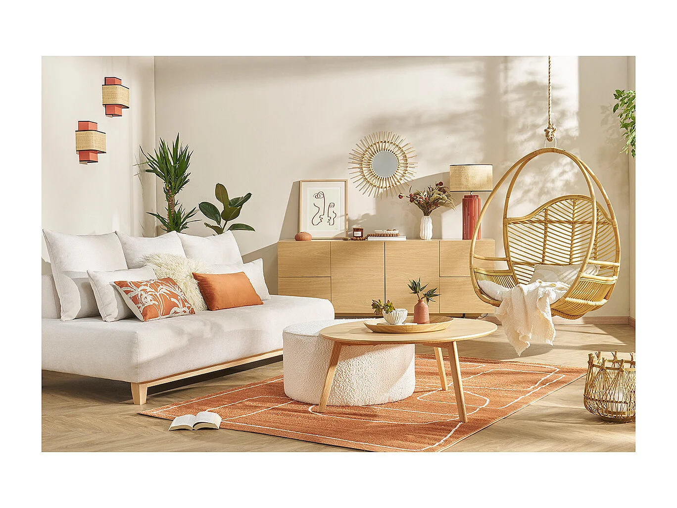 Aparador de diseño con acabado roble claro y metal negro con 2 puertas y 4 cajones 180 cm ALASKA