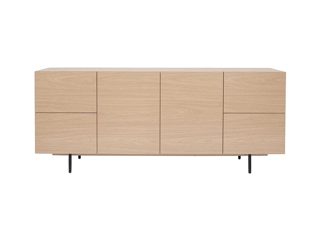 Buffet design finition bois clair chêne et métal noir 2 portes 4 tiroirs L180 cm ALASKA