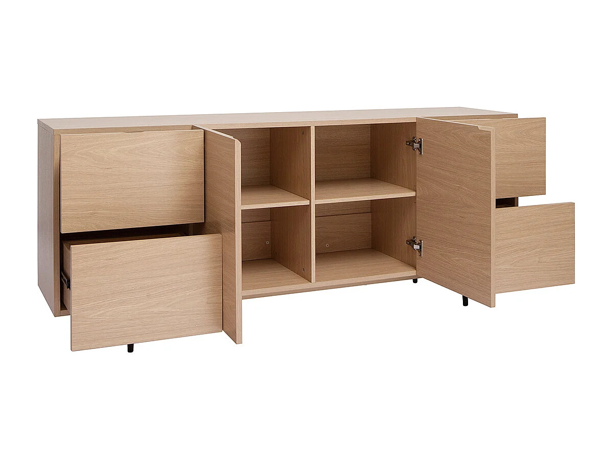 Design-Sideboard aus hellem Eichenfurnier und schwarzem Metall, 2 Türen, 4 Schubladen B180 cm ALASKA