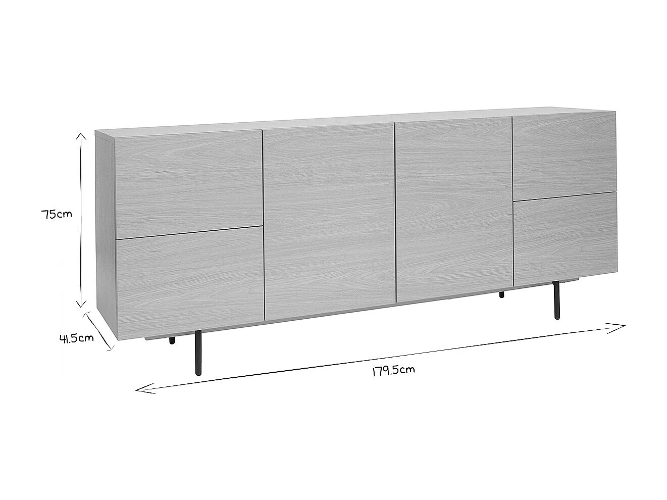 Design-Sideboard aus hellem Eichenfurnier und schwarzem Metall, 2 Türen, 4 Schubladen B180 cm ALASKA