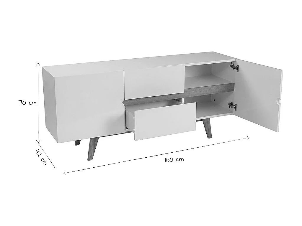 Buffet scandinave blanc brillant et finition bois clair 2 portes 2 tiroirs L160cm MELKA