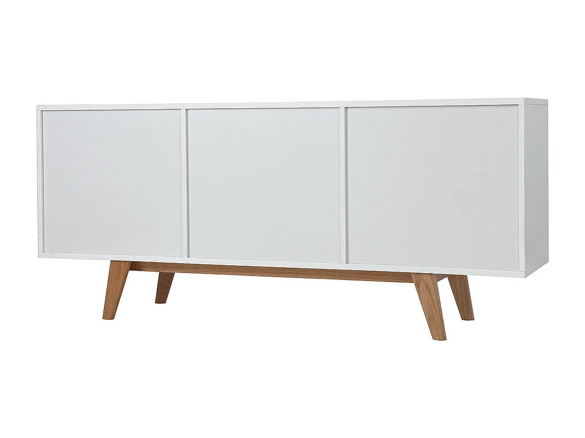 Buffet scandinave blanc brillant et finition bois clair 2 portes 2 tiroirs L160cm MELKA