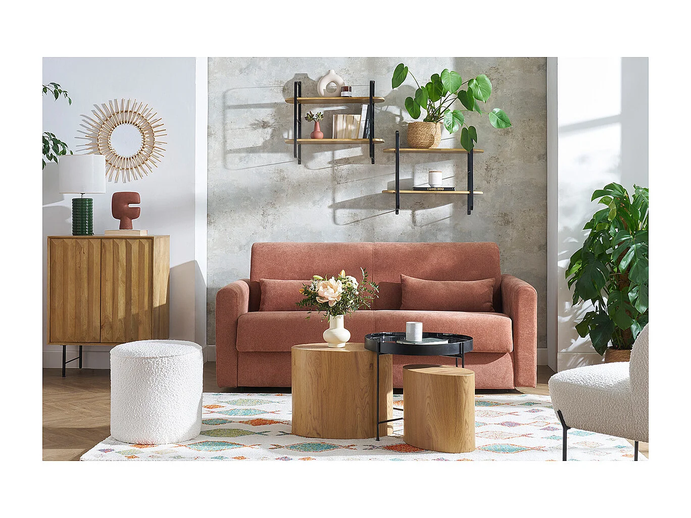 Buffet en bois manguier massif gravé et métal noir 2 portes L70 cm AGRA