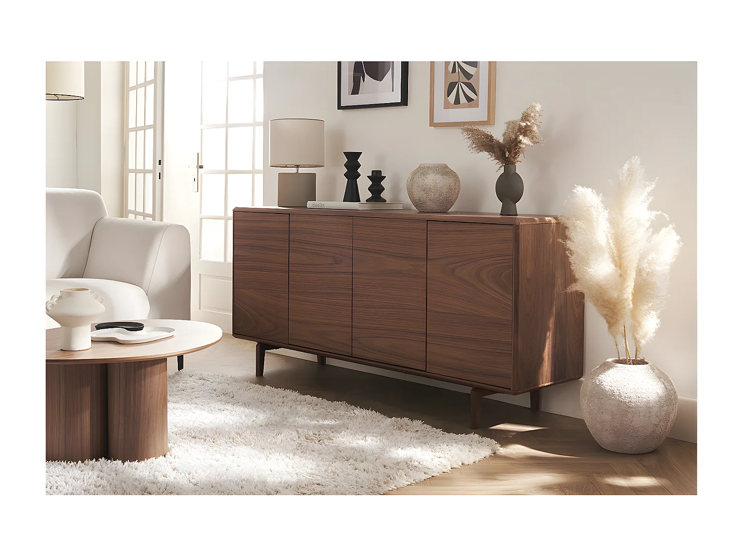 Buffet vintage en bois foncé noyer 4 portes L160 cm SUVA