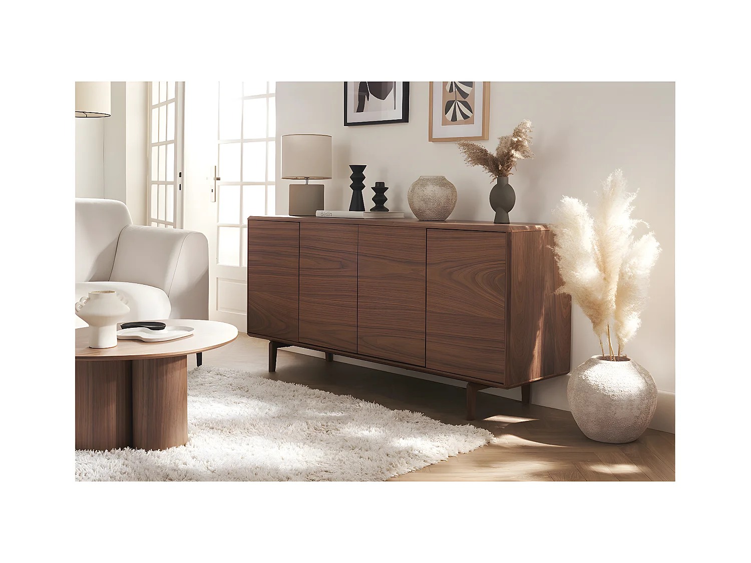 Buffet vintage en bois foncé noyer 4 portes L160 cm SUVA