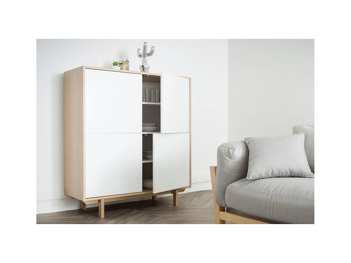 Buffet haut scandinave bois et blanc  4 portes L110 cm SID