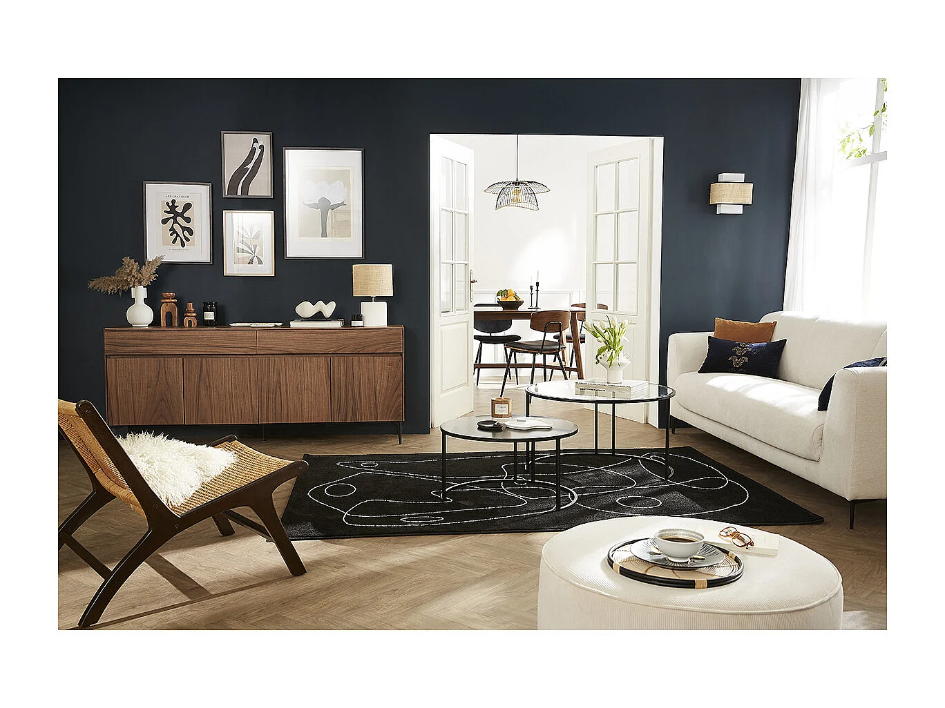 Buffet design en bois foncé noyer et métal noir 4 portes 2 tiroirs L180 cm BLISS