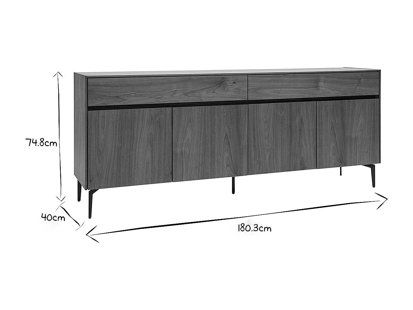 Buffet design en bois foncé noyer et métal noir 4 portes 2 tiroirs L180 cm BLISS