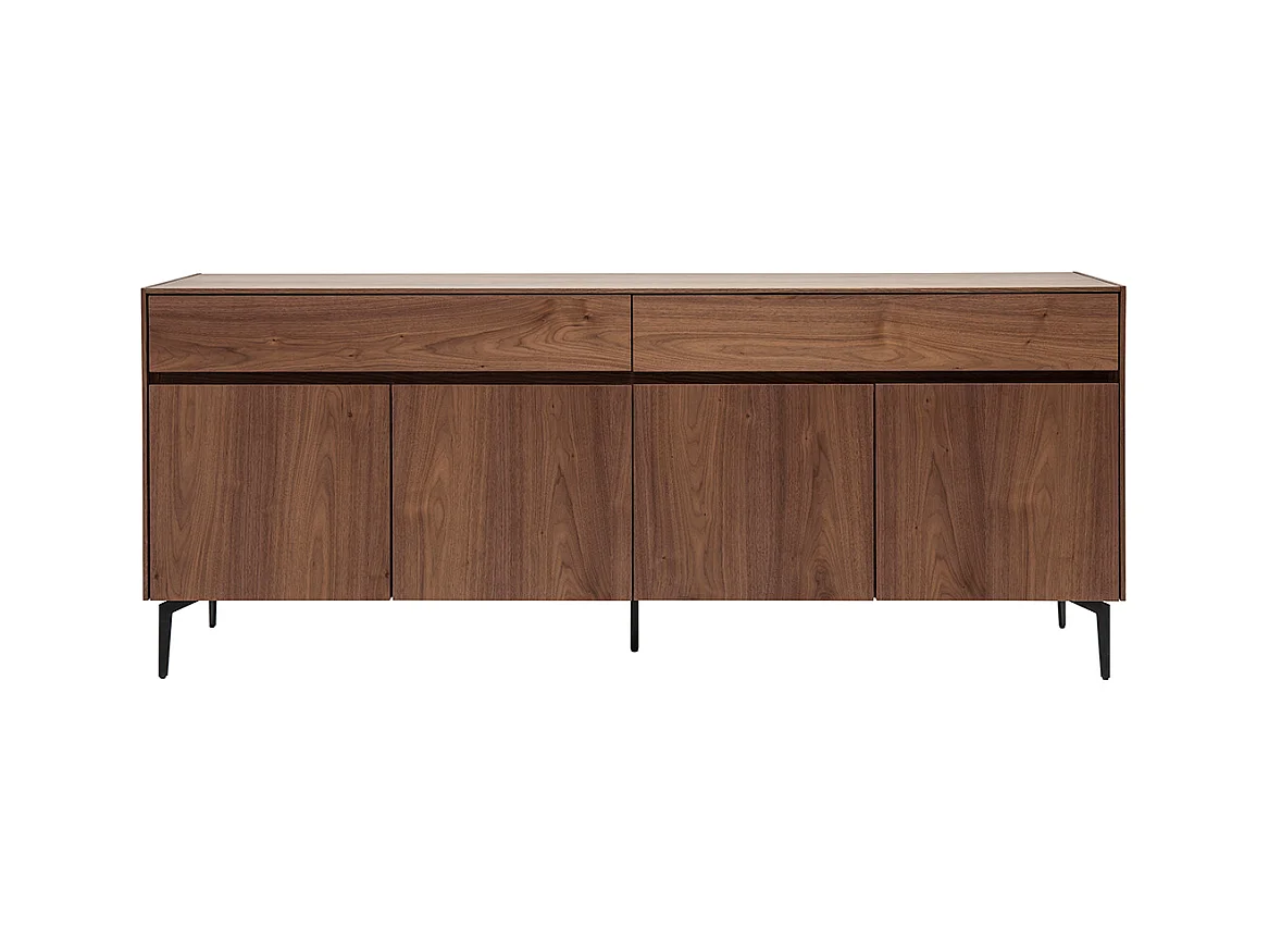 Buffet design en bois foncé noyer et métal noir 4 portes 2 tiroirs L180 cm BLISS