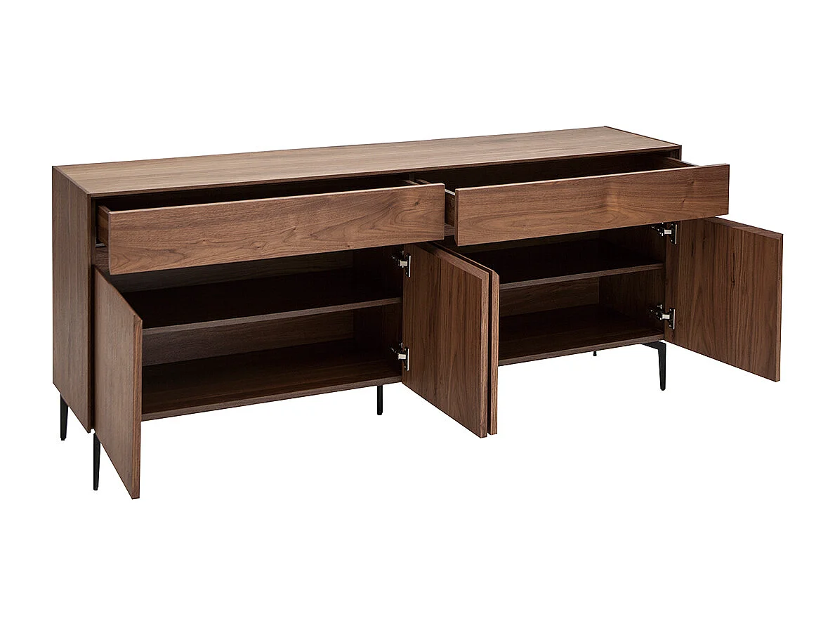 Buffet design en bois foncé noyer et métal noir 4 portes 2 tiroirs L180 cm BLISS