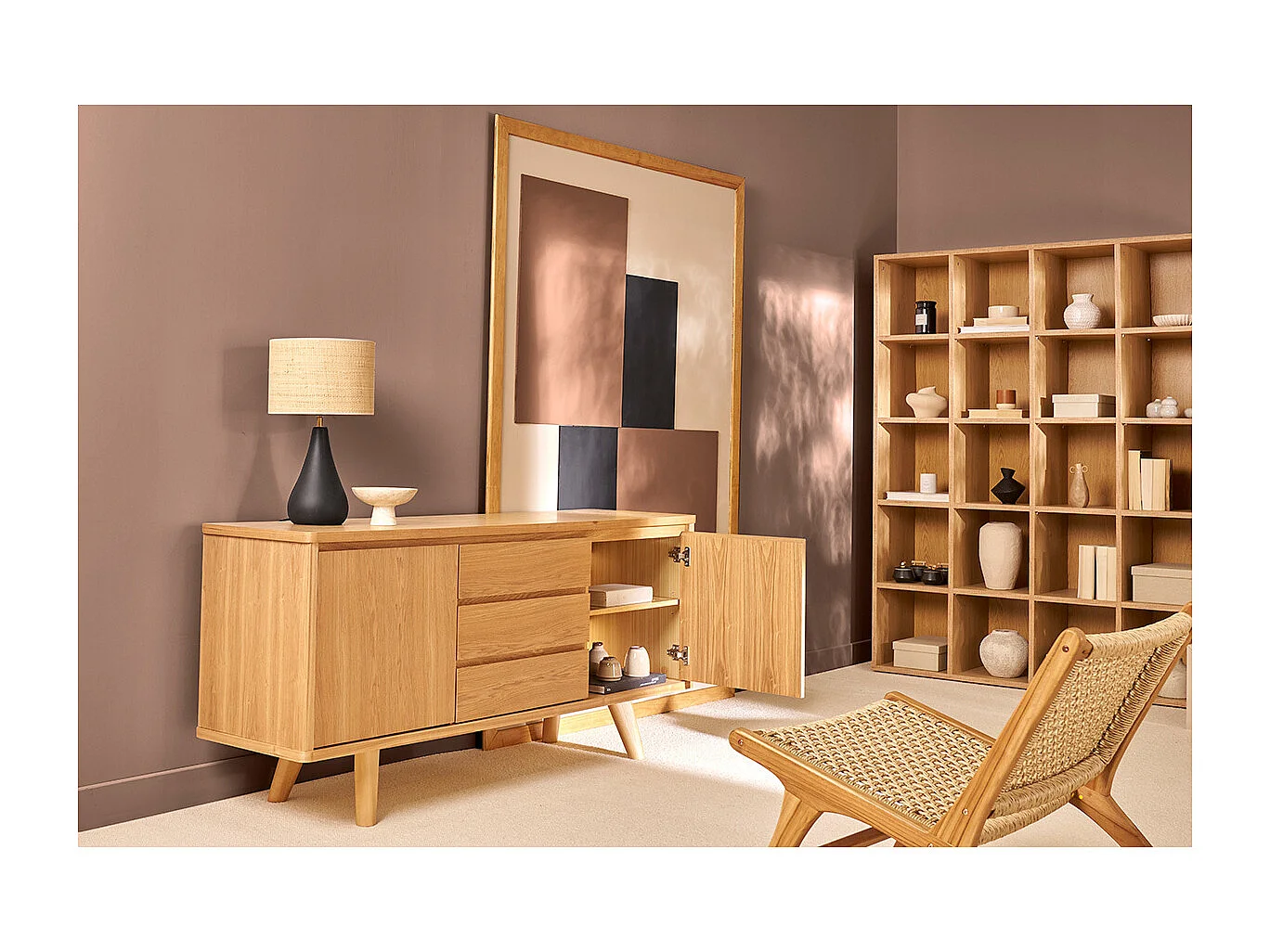 Buffet scandinave en bois clair 2 portes 3 tiroirs L160 cm FIFTIES