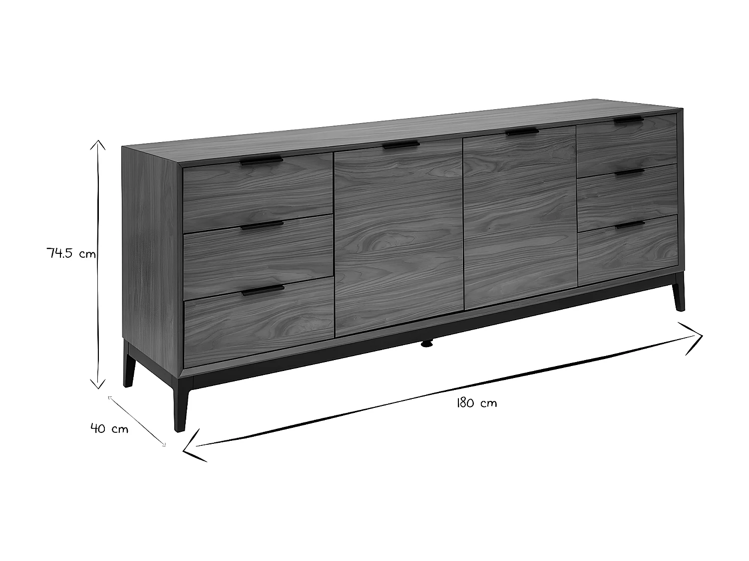 Credenza vintage finitura legno scuro noce e metallo nero con scomparti L180 cm SARTO