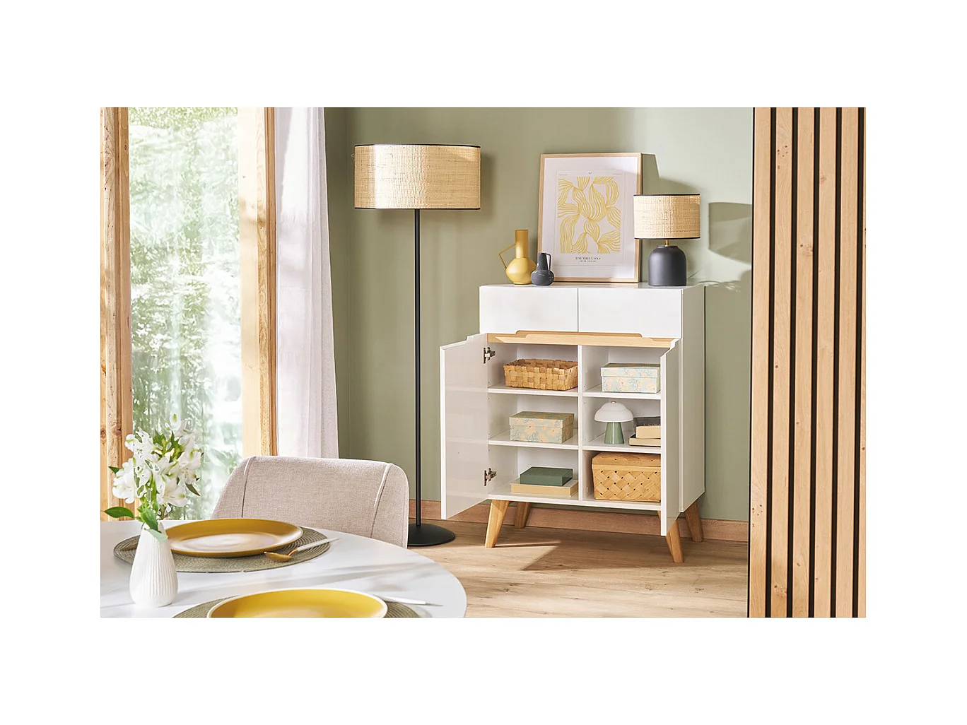Buffet scandinave blanc brillant et finition bois clair 2 portes 2 tiroirs L80cm MELKA