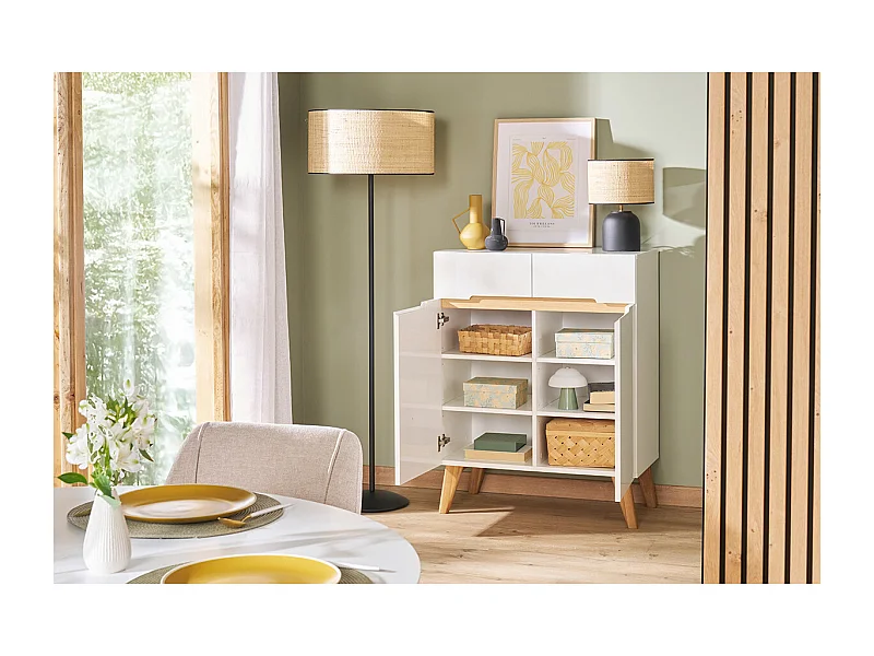 Buffet scandinave blanc brillant et finition bois clair 2 portes 2 tiroirs L80cm MELKA