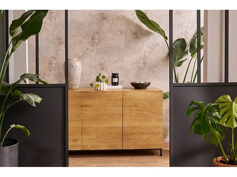 Buffet industriel en bois manguier massif et métal noir 3 portes L145 cm YPSTER