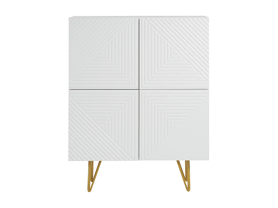 Aparador alto de diseño con 4 puertas y grabados de metal blanco mate y dorado 86 cm OZEN