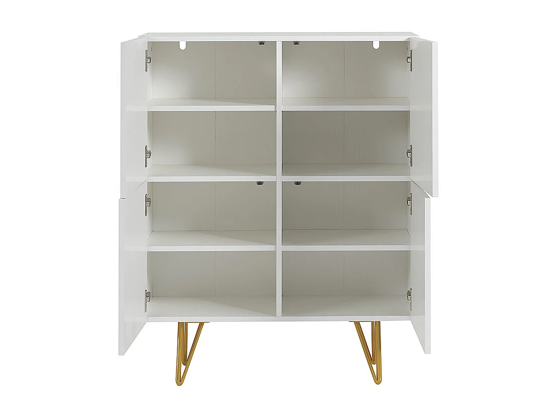 Aparador alto de diseño con 4 puertas y grabados de metal blanco mate y dorado 86 cm OZEN