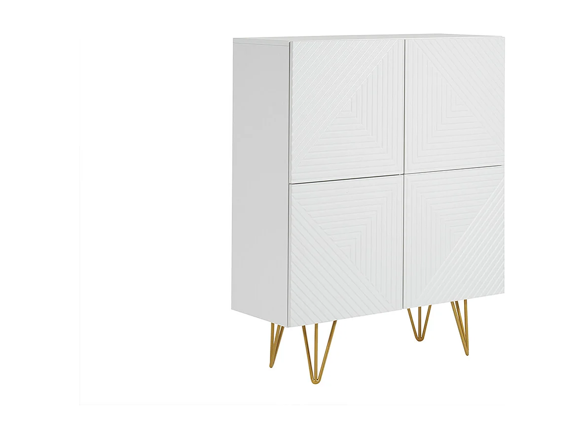 Aparador alto de diseño con 4 puertas y grabados de metal blanco mate y dorado 86 cm OZEN