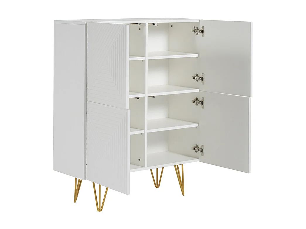 Aparador alto de diseño con 4 puertas y grabados de metal blanco mate y dorado 86 cm OZEN