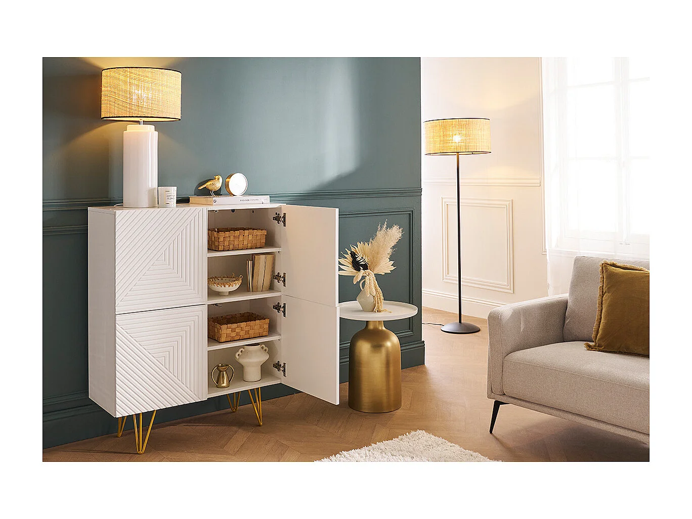 Design-Sideboard graviert matt weiß und vergoldetem Metall 4 Türen B86 cm OZEN