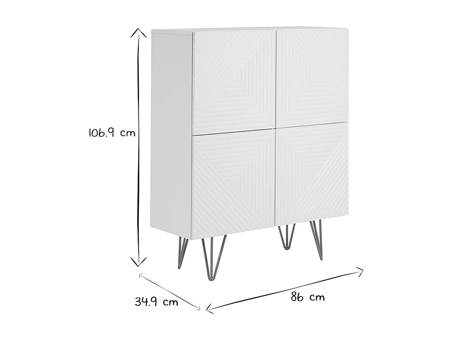 Design-Sideboard graviert matt weiß und vergoldetem Metall 4 Türen B86 cm OZEN