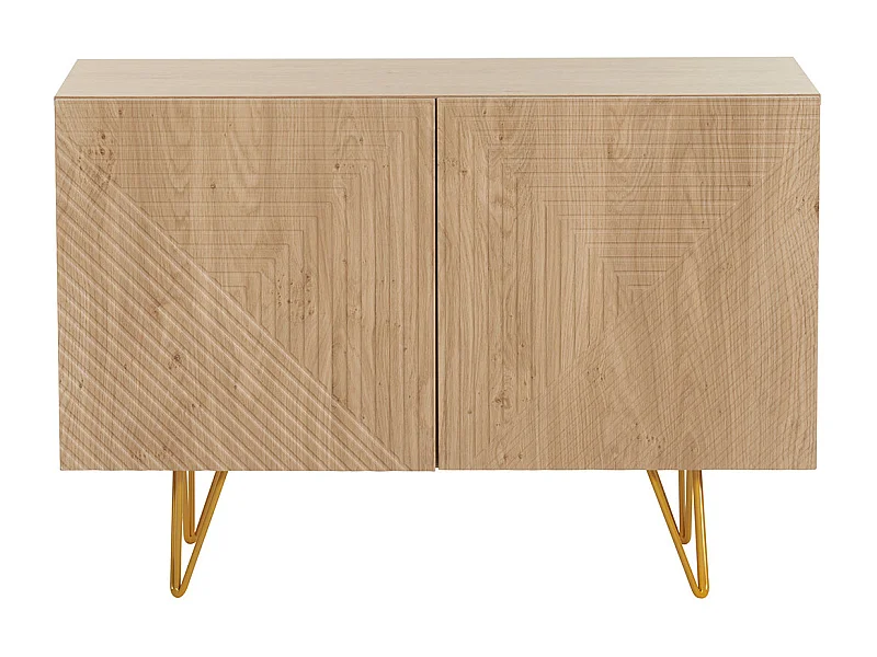 Aparador de diseño de madera de roble claro con grabados y metal dorado 2 puertas 107 cm OZEN