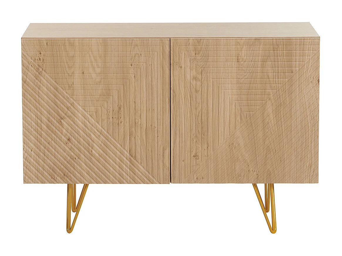Aparador de diseño de madera de roble claro con grabados y metal dorado 2 puertas 107 cm OZEN
