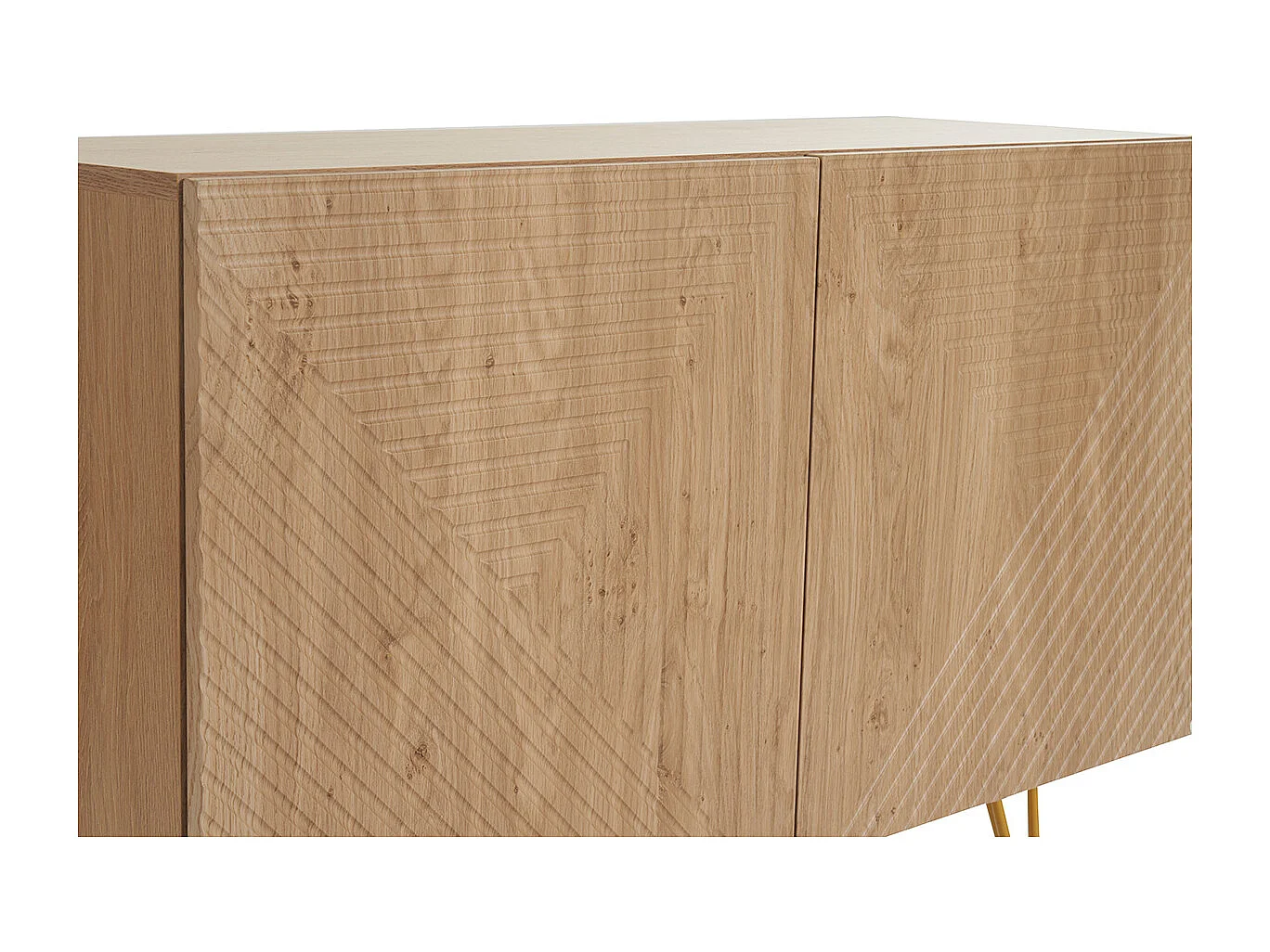 Aparador de diseño de madera de roble claro con grabados y metal dorado 2 puertas 107 cm OZEN