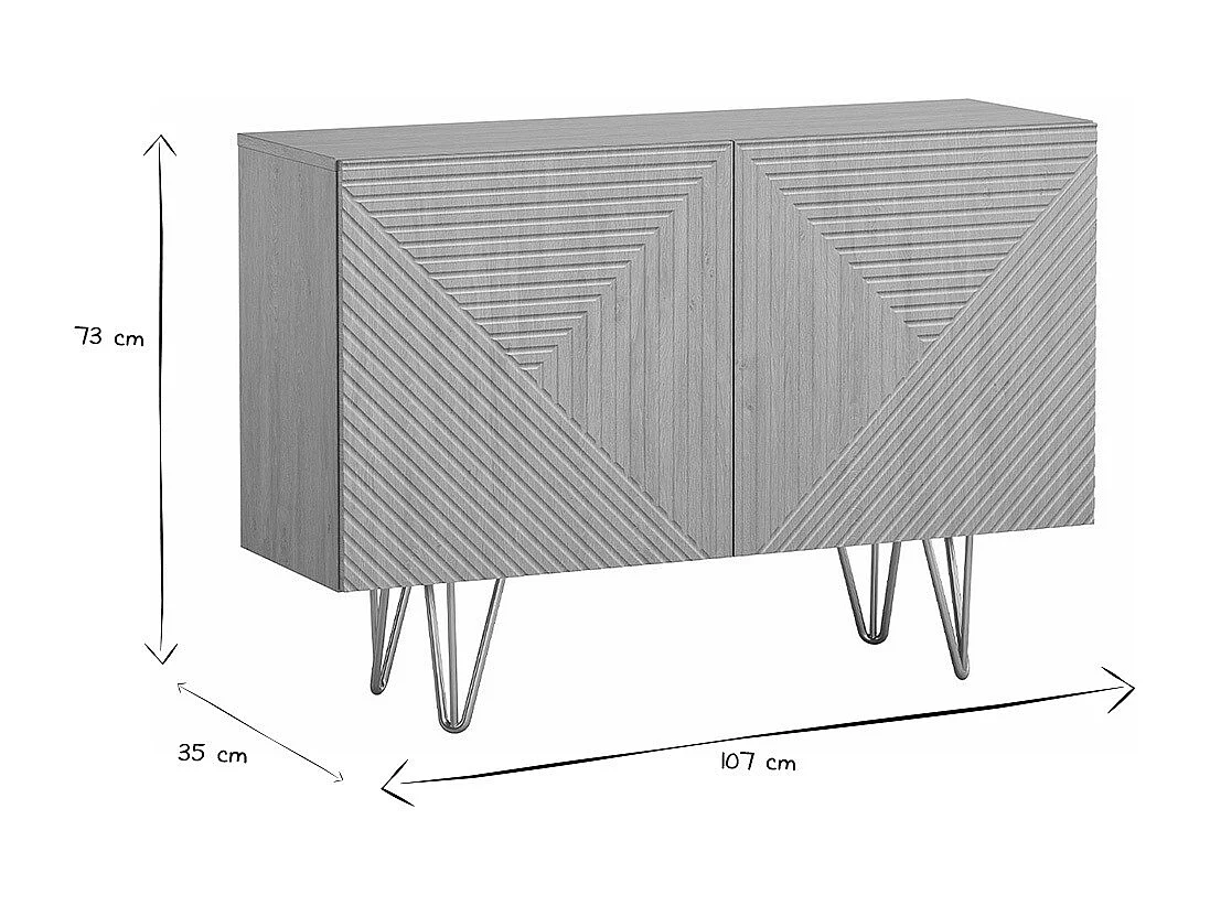 Aparador de diseño de madera de roble claro con grabados y metal dorado 2 puertas 107 cm OZEN