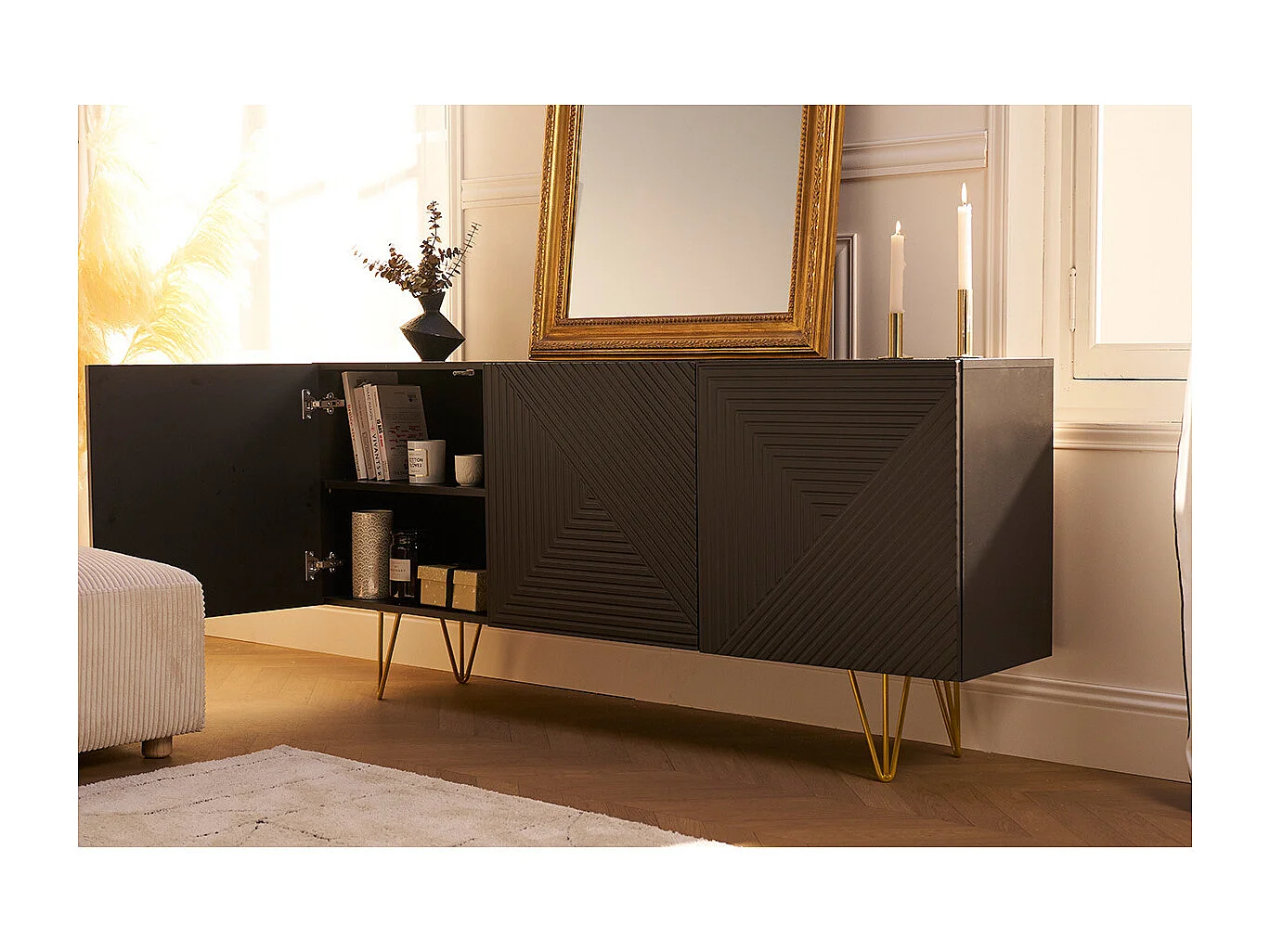 Buffet design gravé noir et métal doré 3 portes L160 cm OZEN